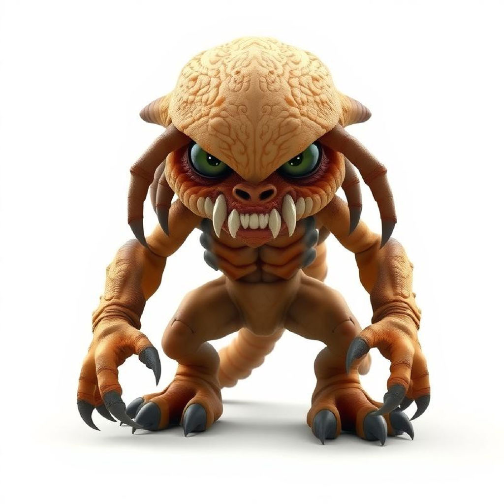 A 3D rendered image of a gremlin-like creature with a large head and sharp claws.