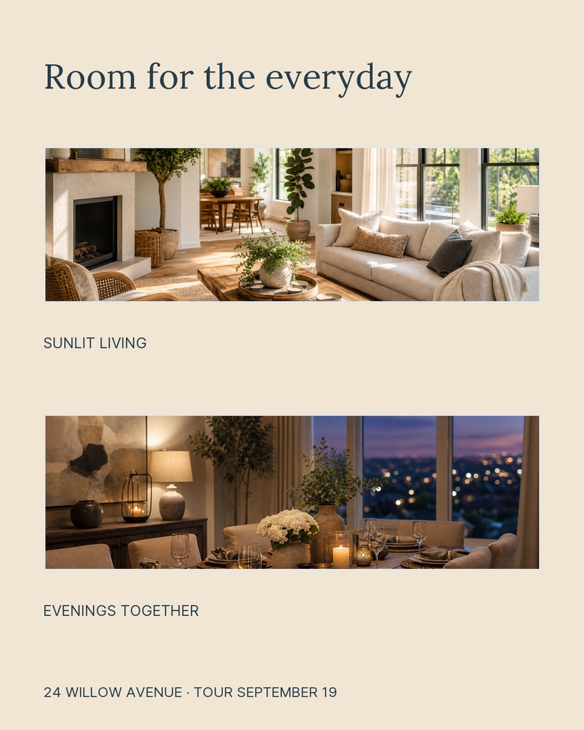 Portrait real estate carousel slide with living room photos and text reading Room for the everyday.