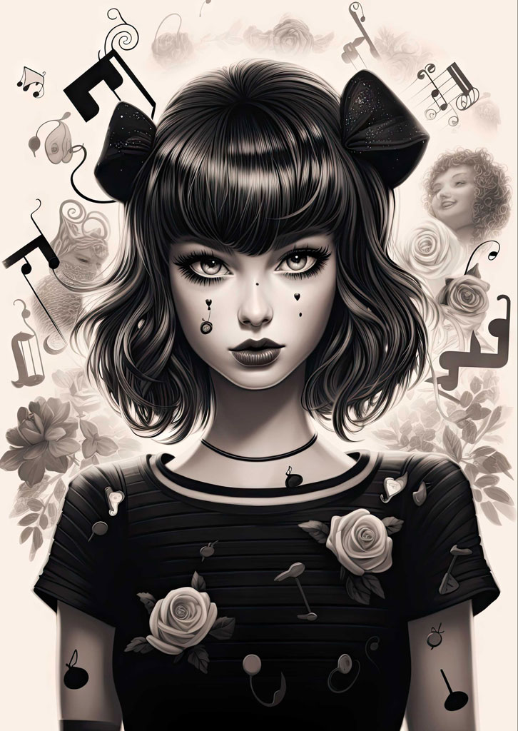 A black and white illustration of a girl with short hair and bangs, adorned with facial piercings and surrounded by musical symbols and rose