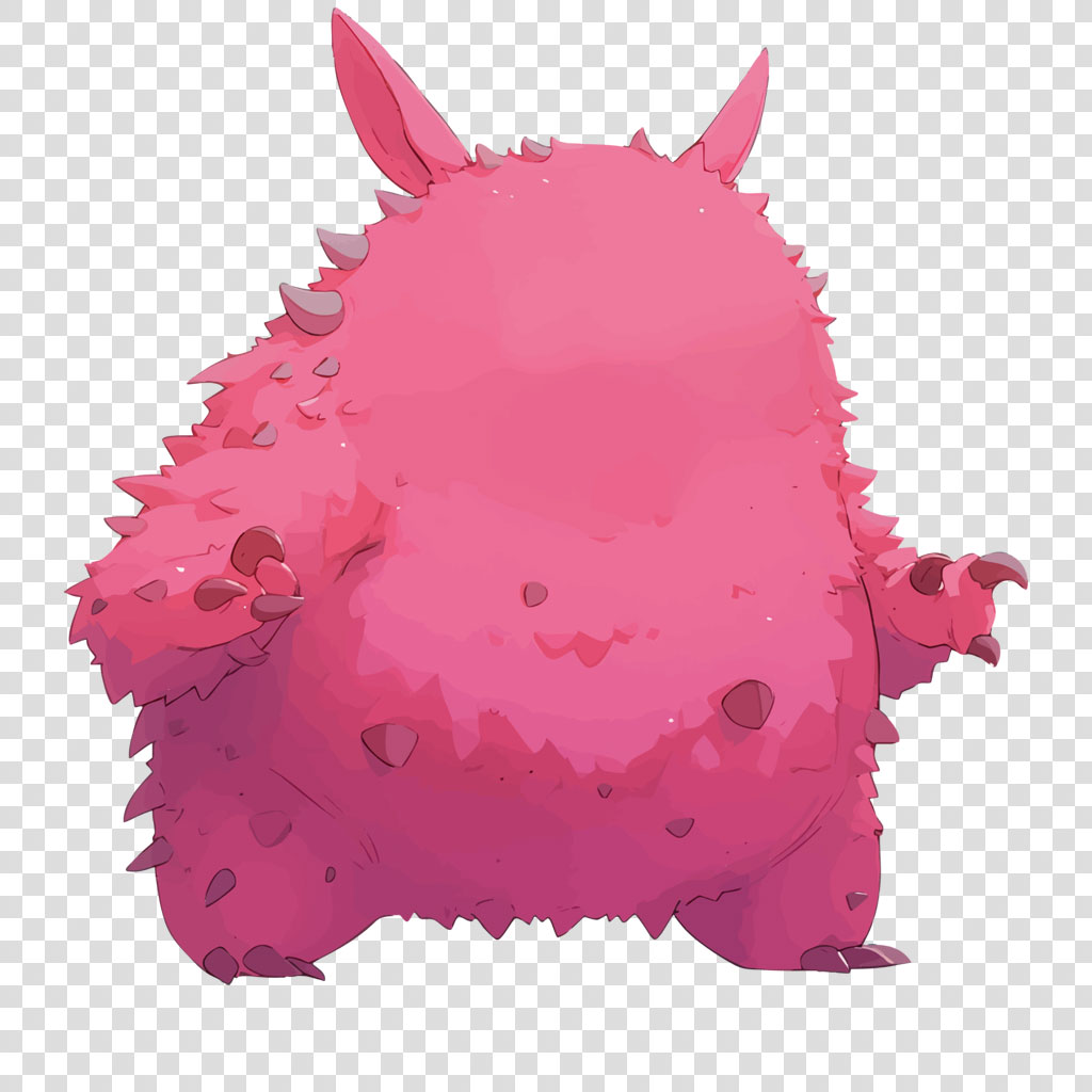 A pink cartoon creature with spiky fur and two horns on its head