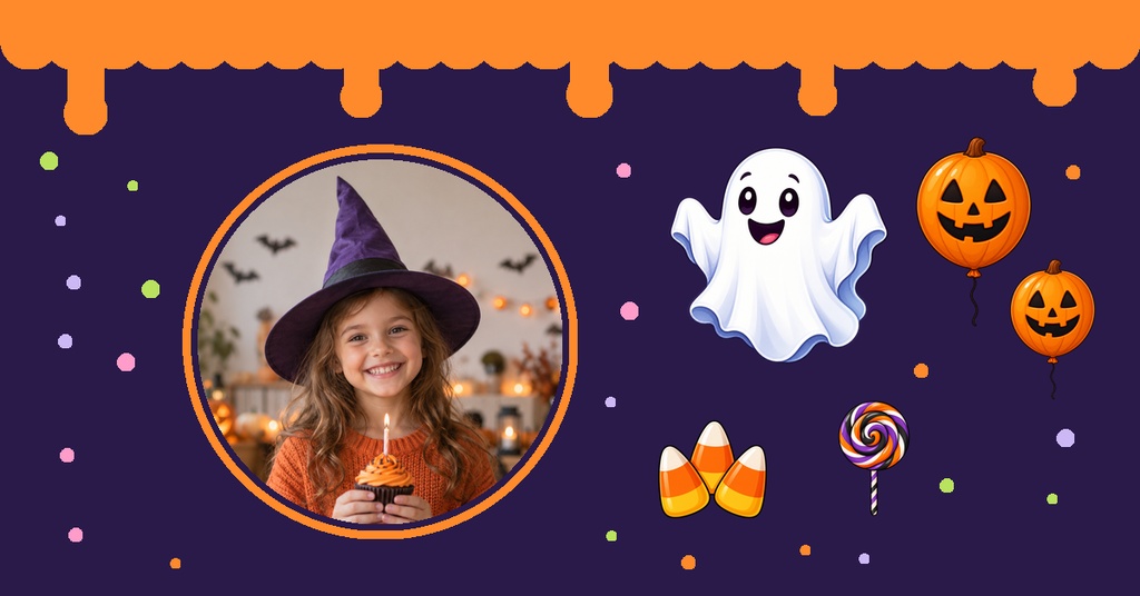 Smiling girl in a witch hat with a candle, surrounded by Halloween decorations on a dark background.