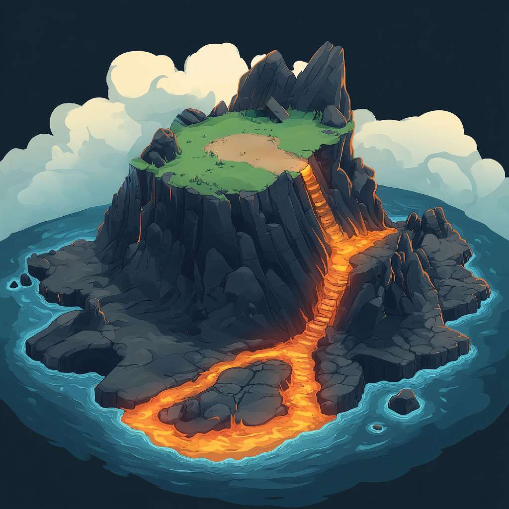 Illustration of an island with a lava pathway and green top