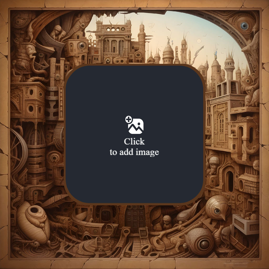 Surrealist art template with a mystical cityscape and intricate mechanical details