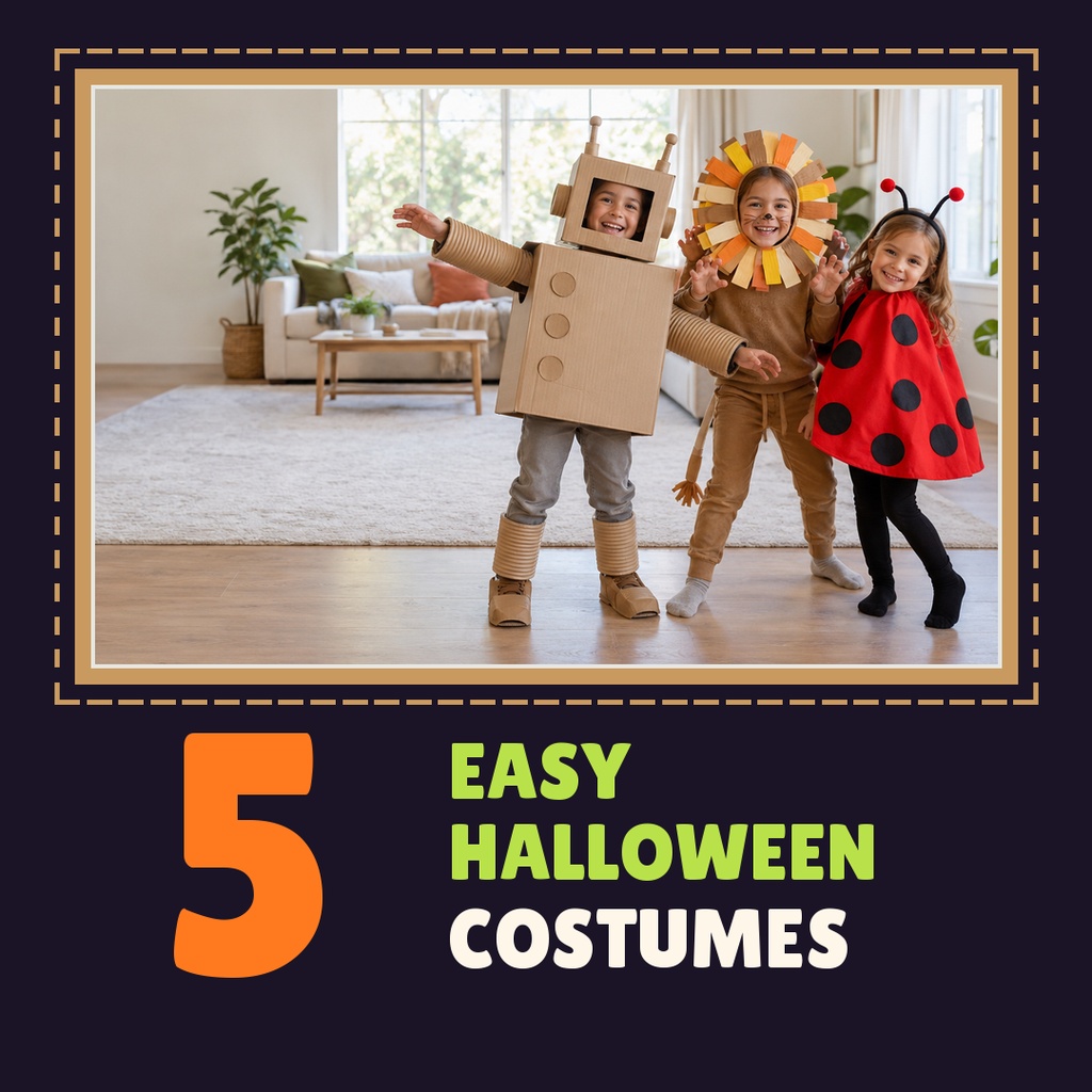 Three children in homemade Halloween costumes posing in a living room with bold text reading 5 Easy Halloween Costumes.