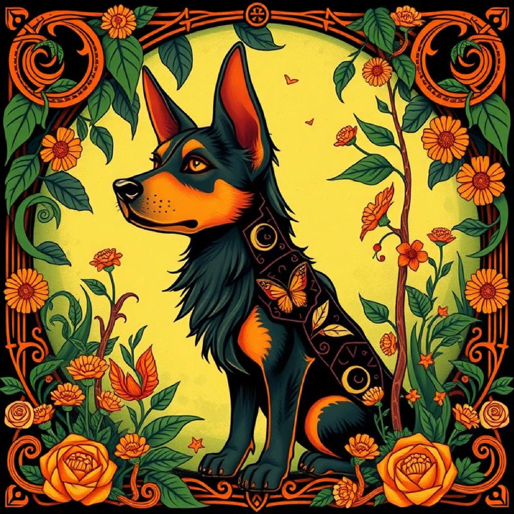 Illustration of a woman with long dark hair and horns, wearing a purple dress with red and green accents, surrounded by birds and flowers.