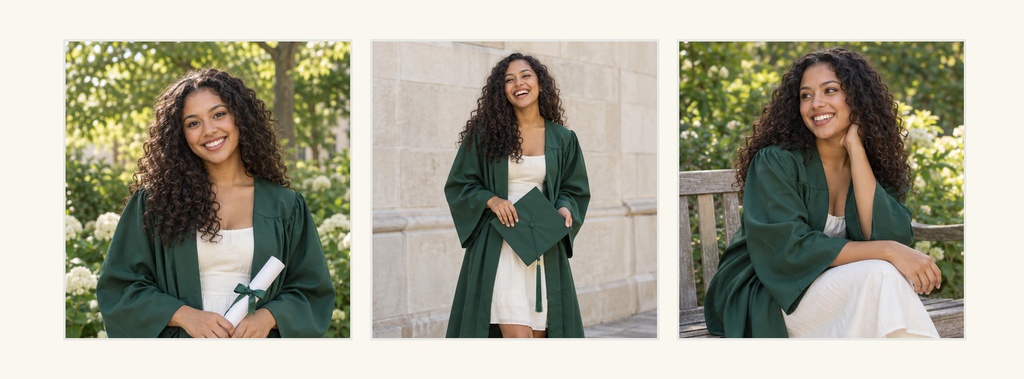 Three-panel graduation photo collage featuring a smiling senior in a green gown outdoors.