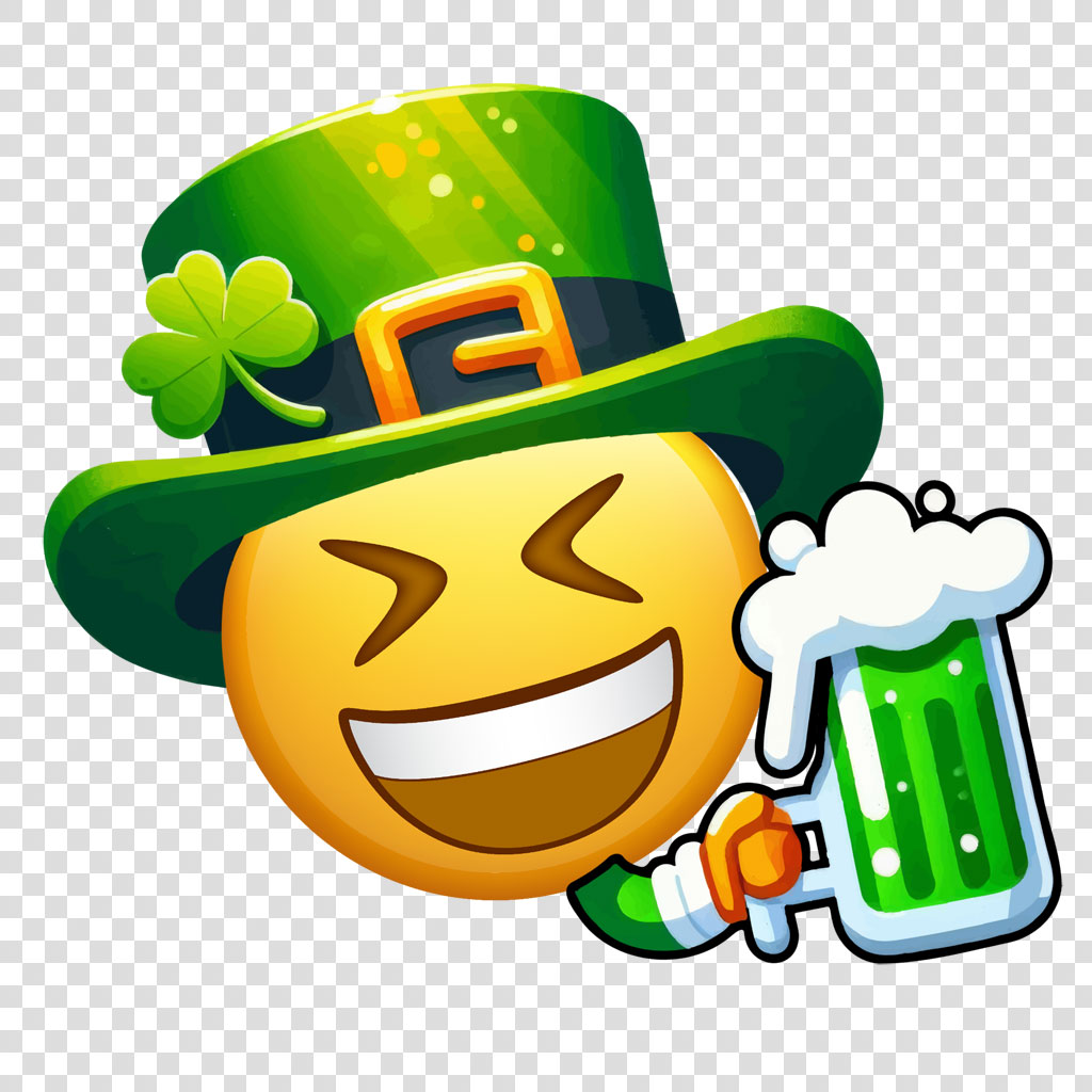 A smiling emoji with a green hat and shamrock, holding a green beer