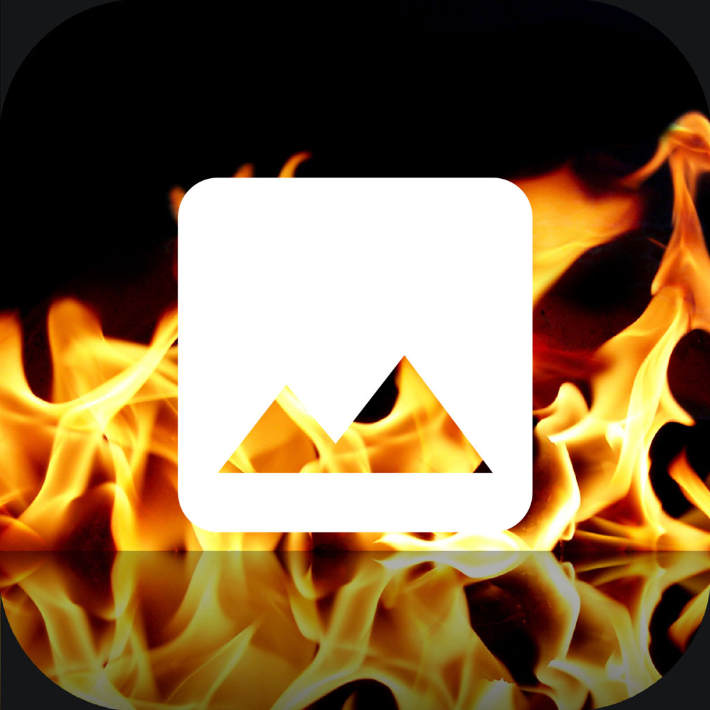 White app icon with triangular cutout on a fiery background