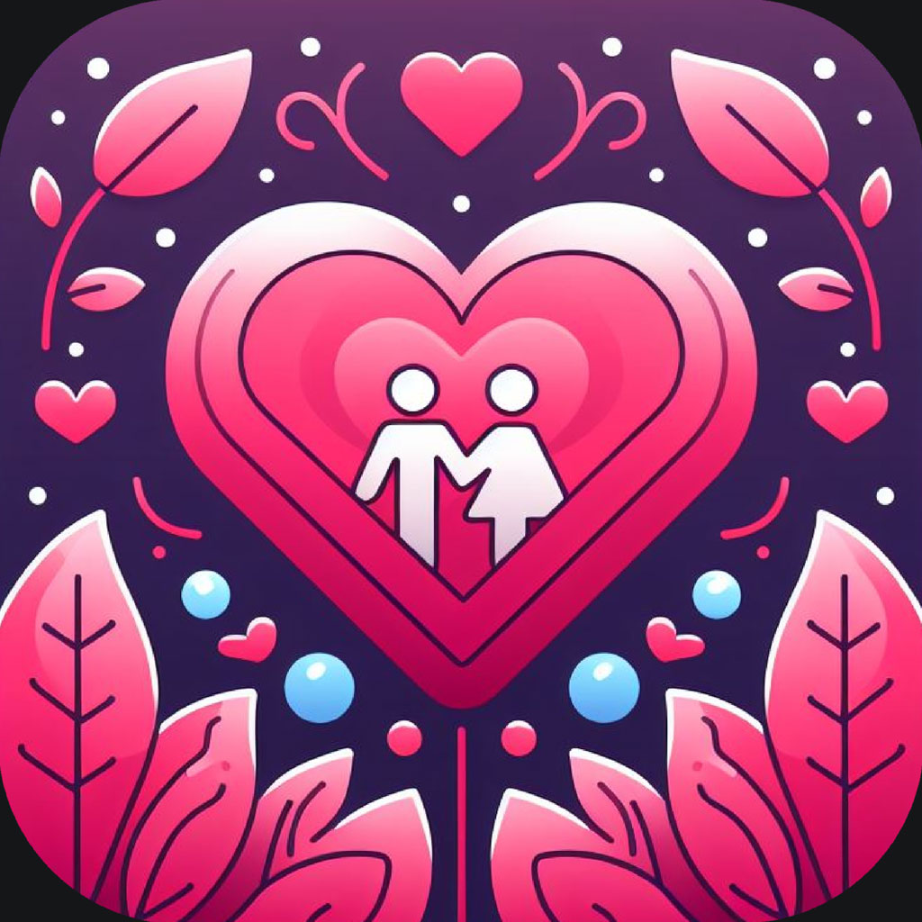 A graphic of a couple holding hands inside a large heart, surrounded by smaller hearts and leaves on a purple background.
