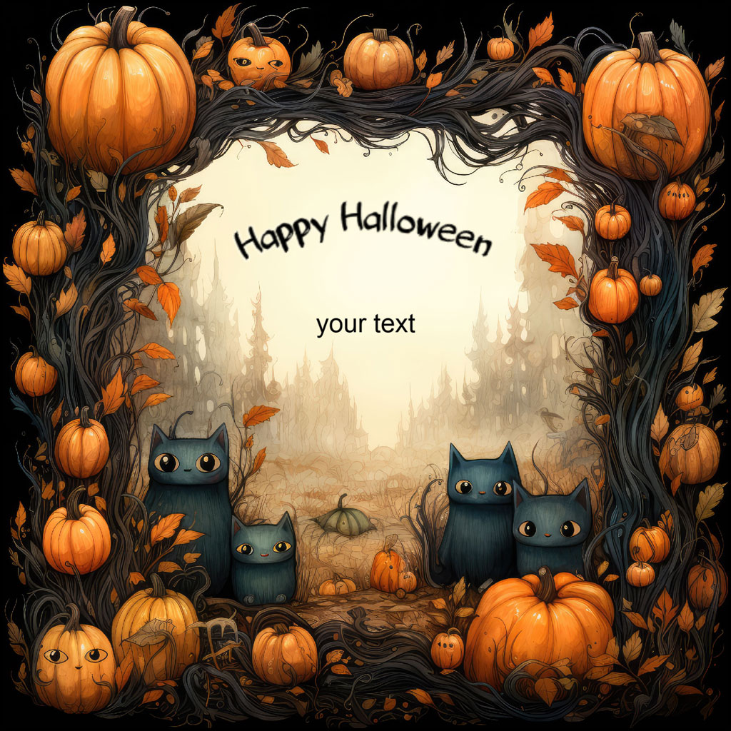 Three blue cats in a Halloween setting with pumpkins and vines.