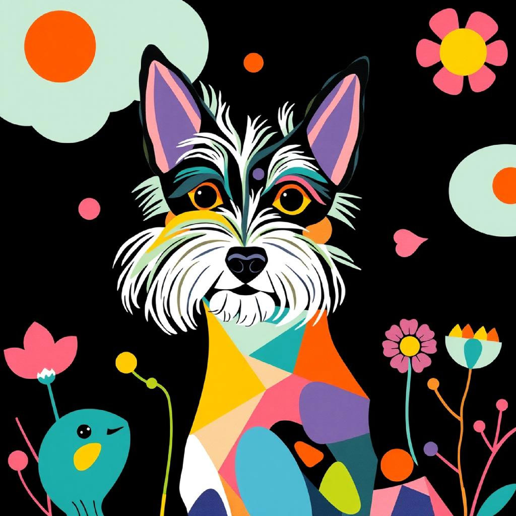 Colorful flowers and mountains against a black background with a sun.