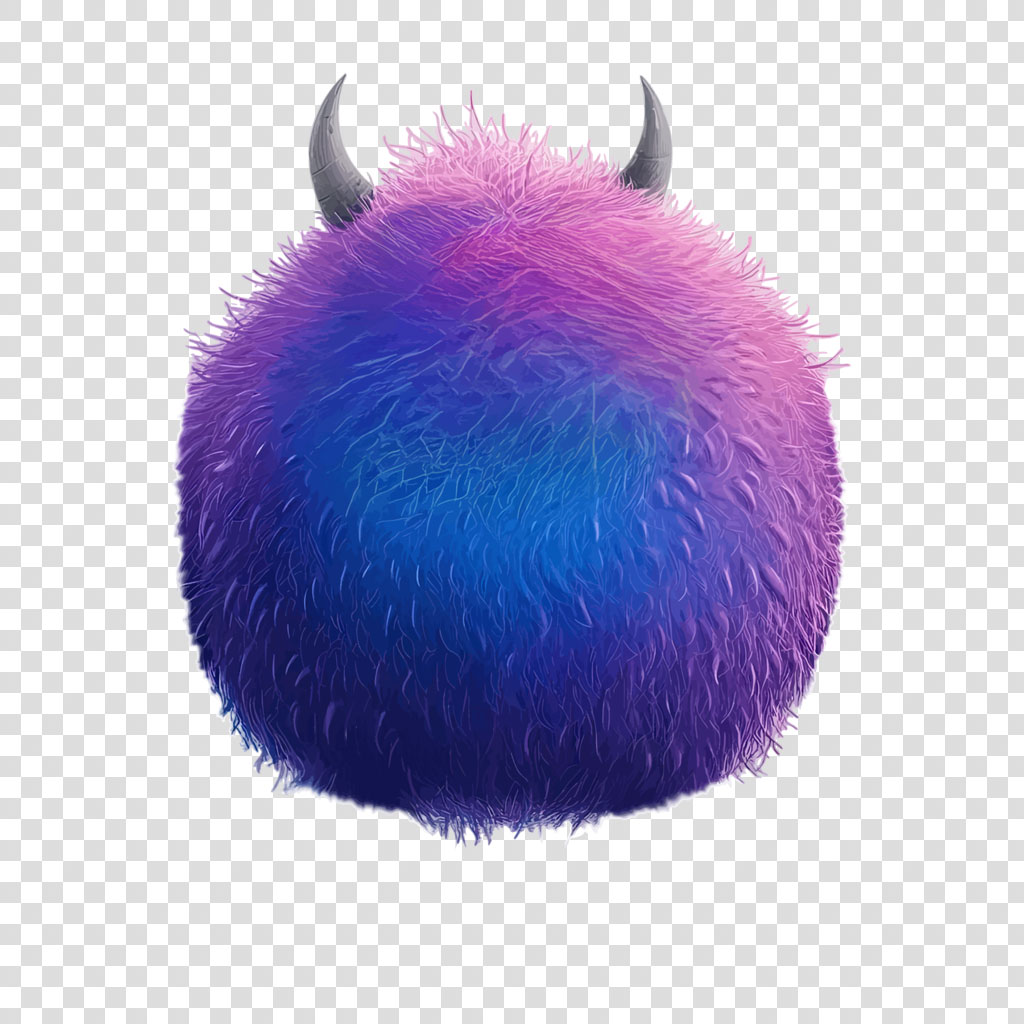 A round, furry monster with a gradient of purple, blue, and pink colors and two small horns.