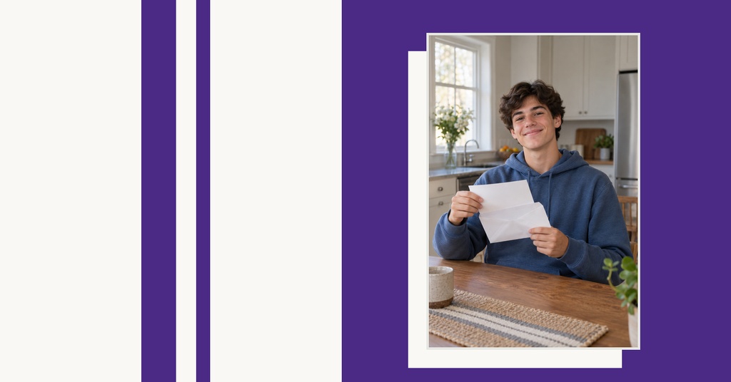 Purple and white college bound event cover with a student holding a letter.
