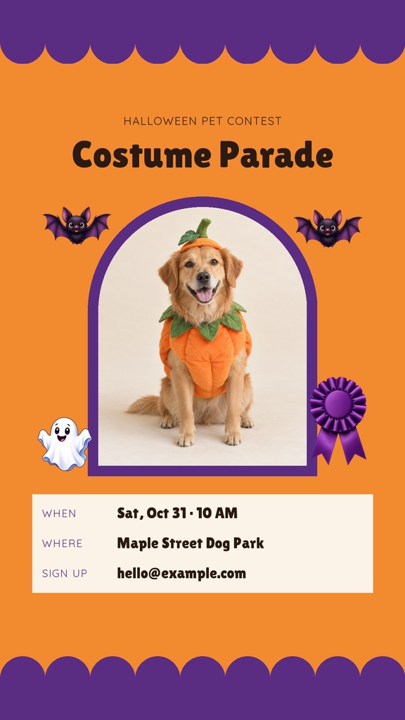 Orange Halloween story template with a dog in a pumpkin costume, bats, ghost, and purple ribbon.