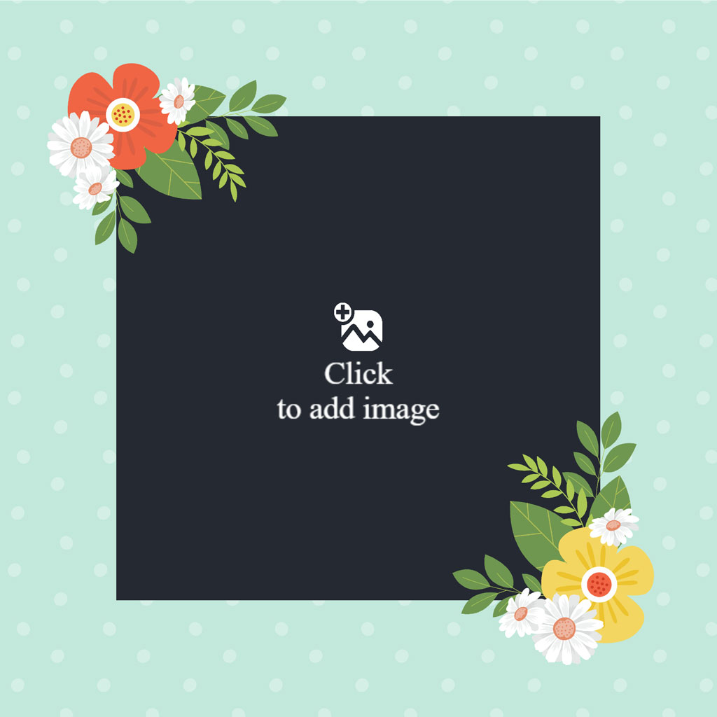 A light green background with white polka dots and a dark gray square in the center, adorned with colorful flowers and leaves in the top and