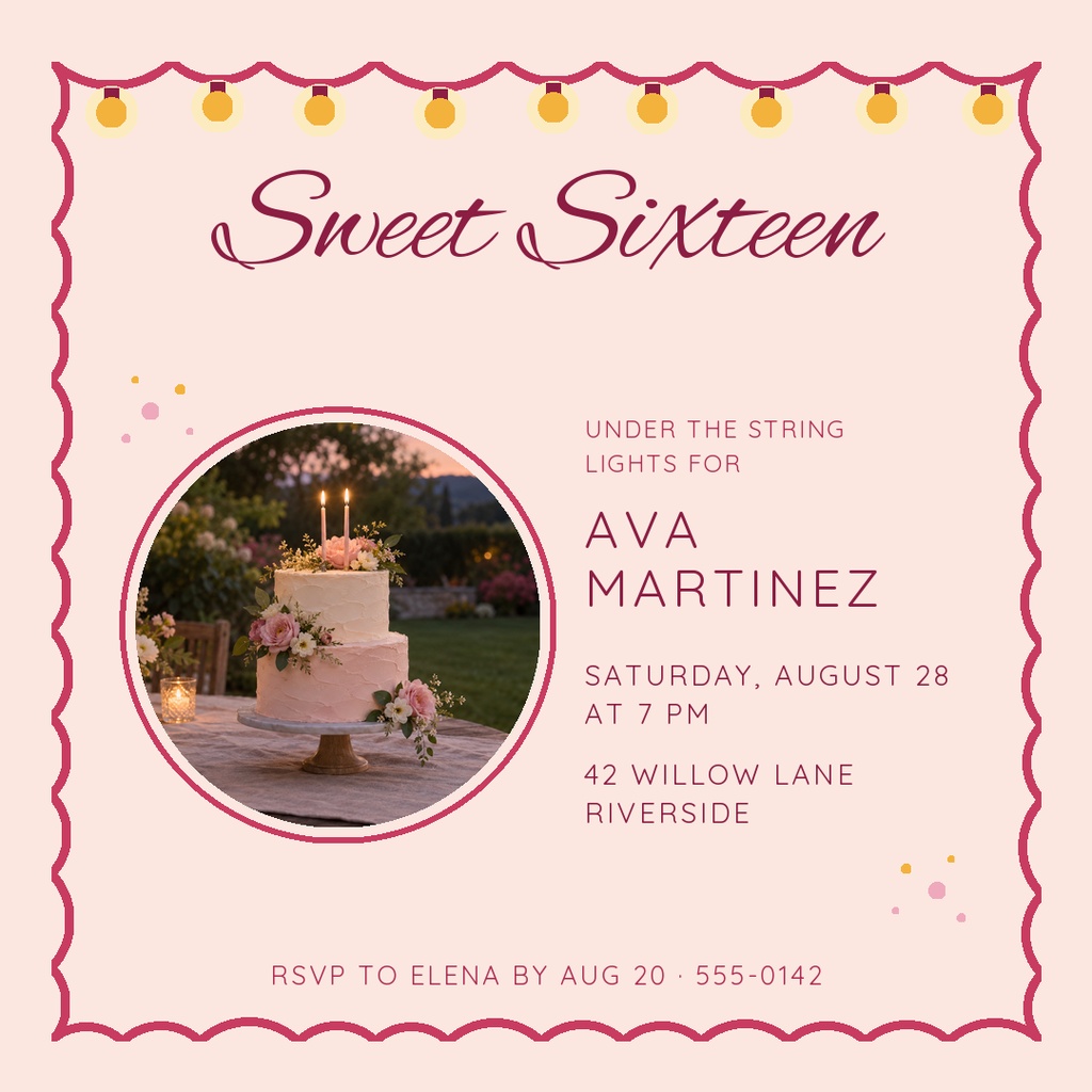 Square sweet sixteen invitation with string lights, photo circle, and pink scalloped border