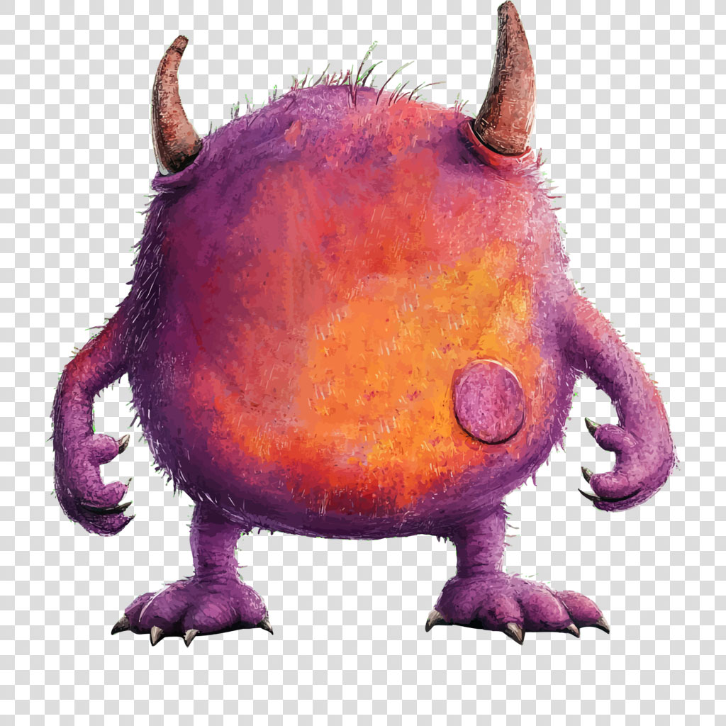 A purple and orange monster with horns and a round body.