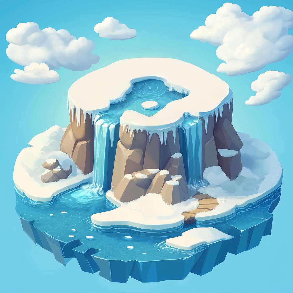 A 3D illustration of a floating island with a central lake, waterfall, and snow.