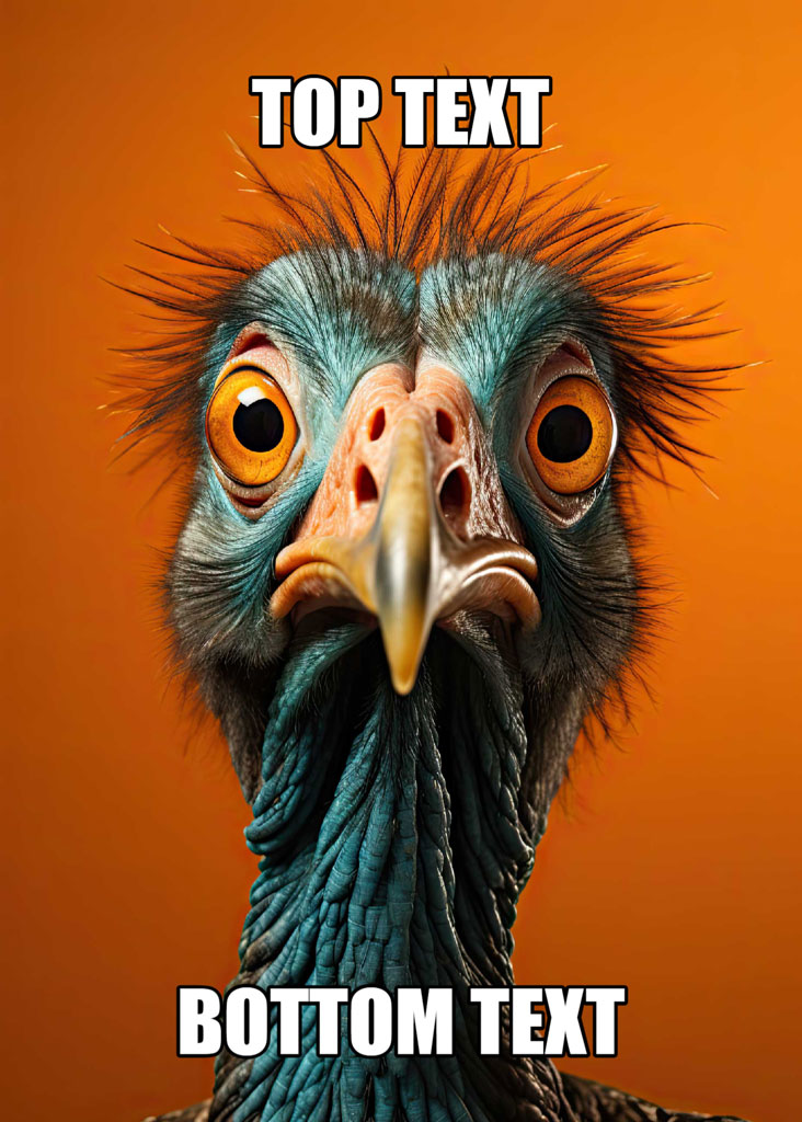 Emu with large eyes and a meme text overlay