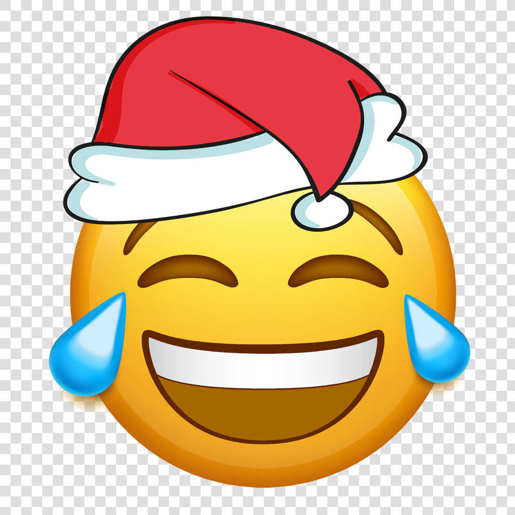 A yellow laughing emoji with a red Santa hat and tears of joy