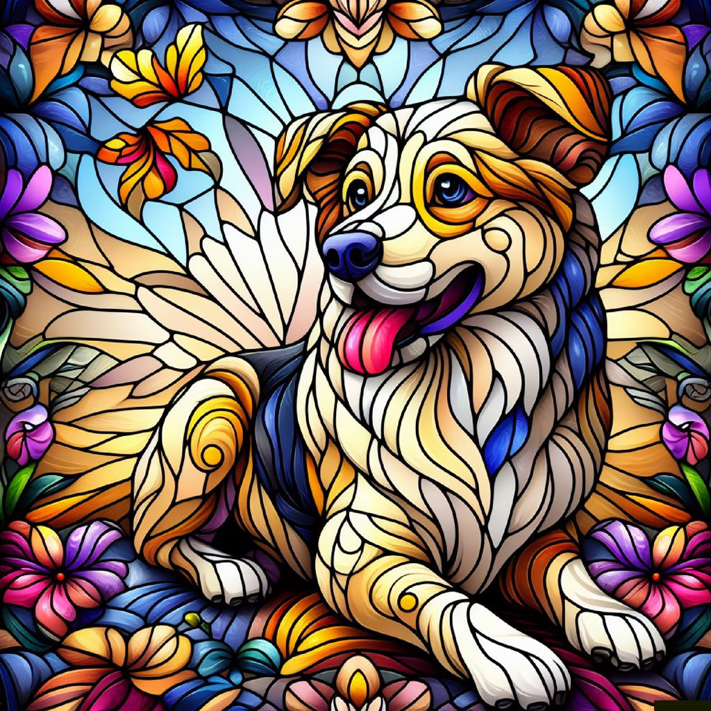 Stained glass artwork of a dog's profile with brown and white fur