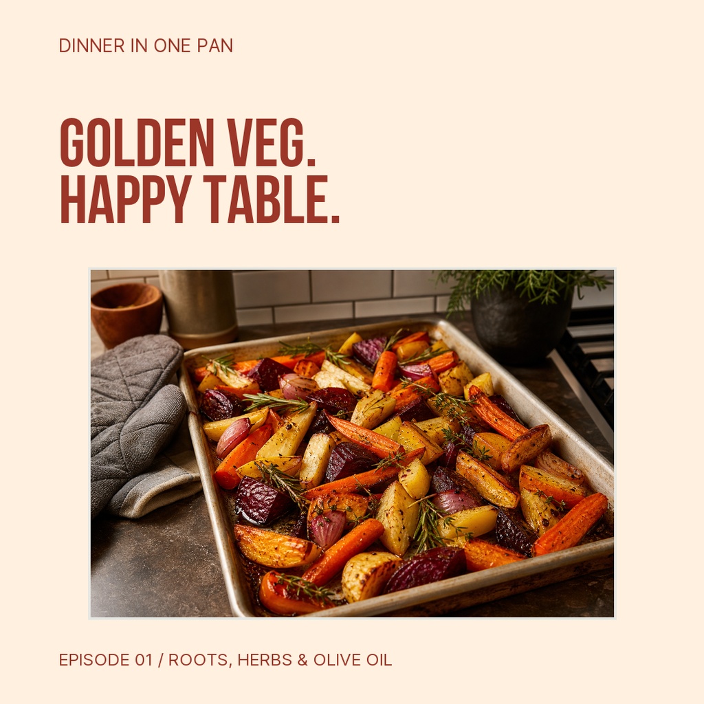 Square recipe thumbnail with roasted vegetables in a sheet pan and bold dinner title text.