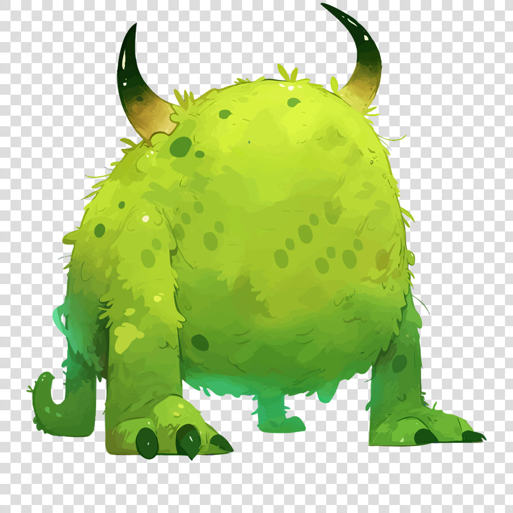 A cartoon green monster with two horns and spotted fur.