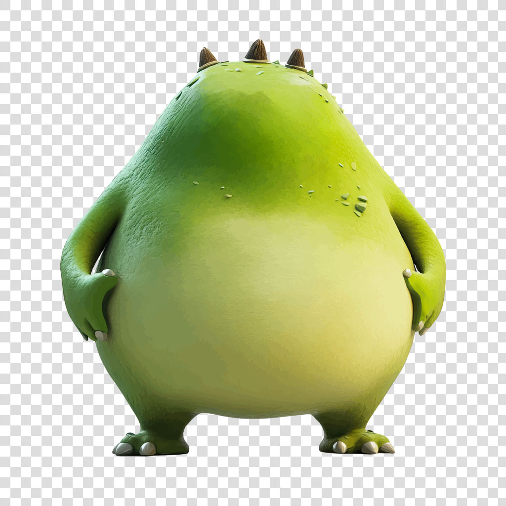 A green cartoon monster with three spikes on its head and hands on hips.
