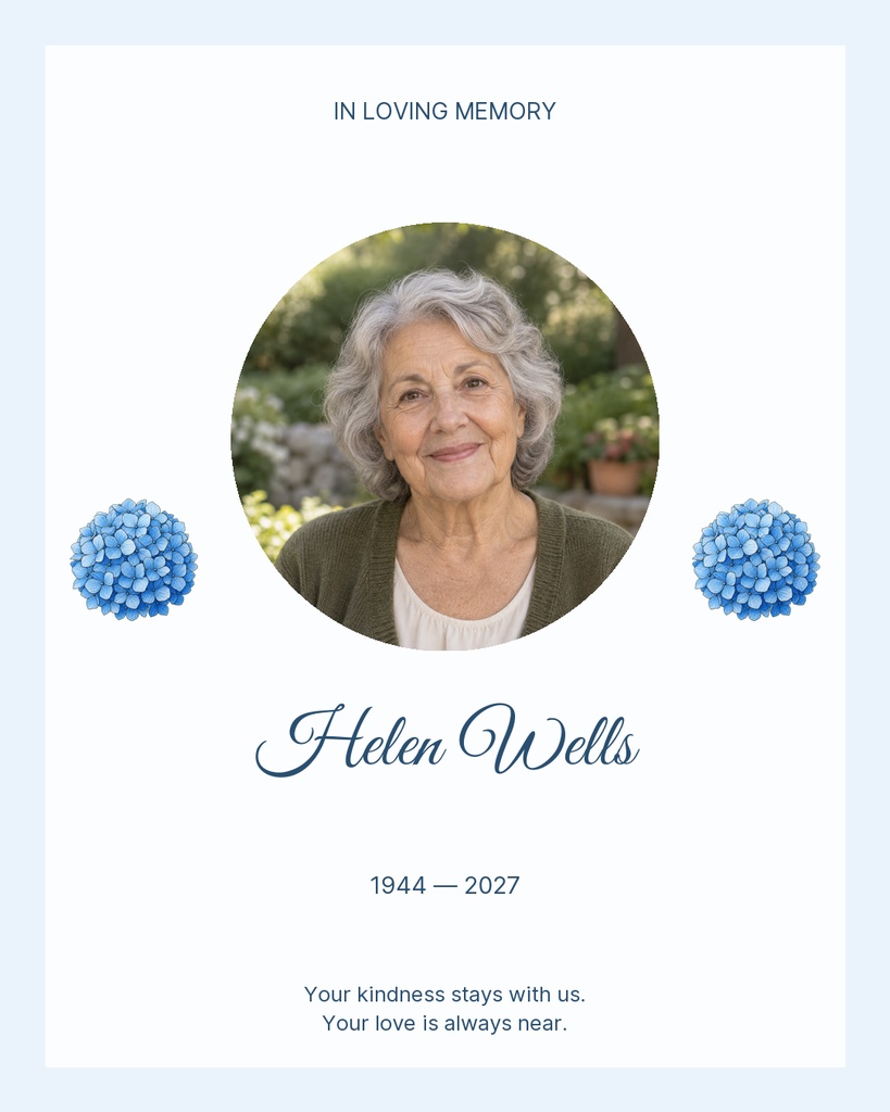 Memorial portrait post with an older woman’s photo, blue floral accents, and in loving memory text.