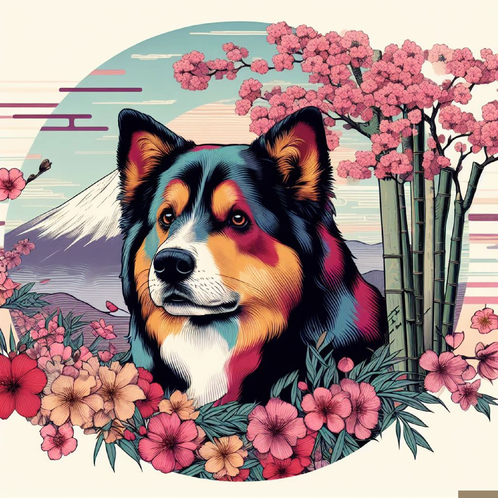 Illustration of a dog in a Japanese garden with red pagodas and flowers