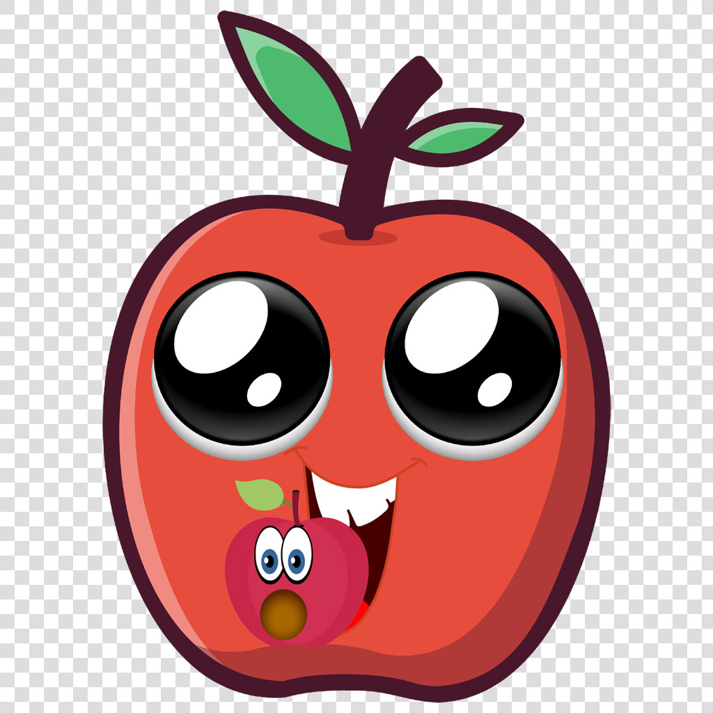 A cartoon apple with a smiling face and a smaller apple coming out of its mouth.
