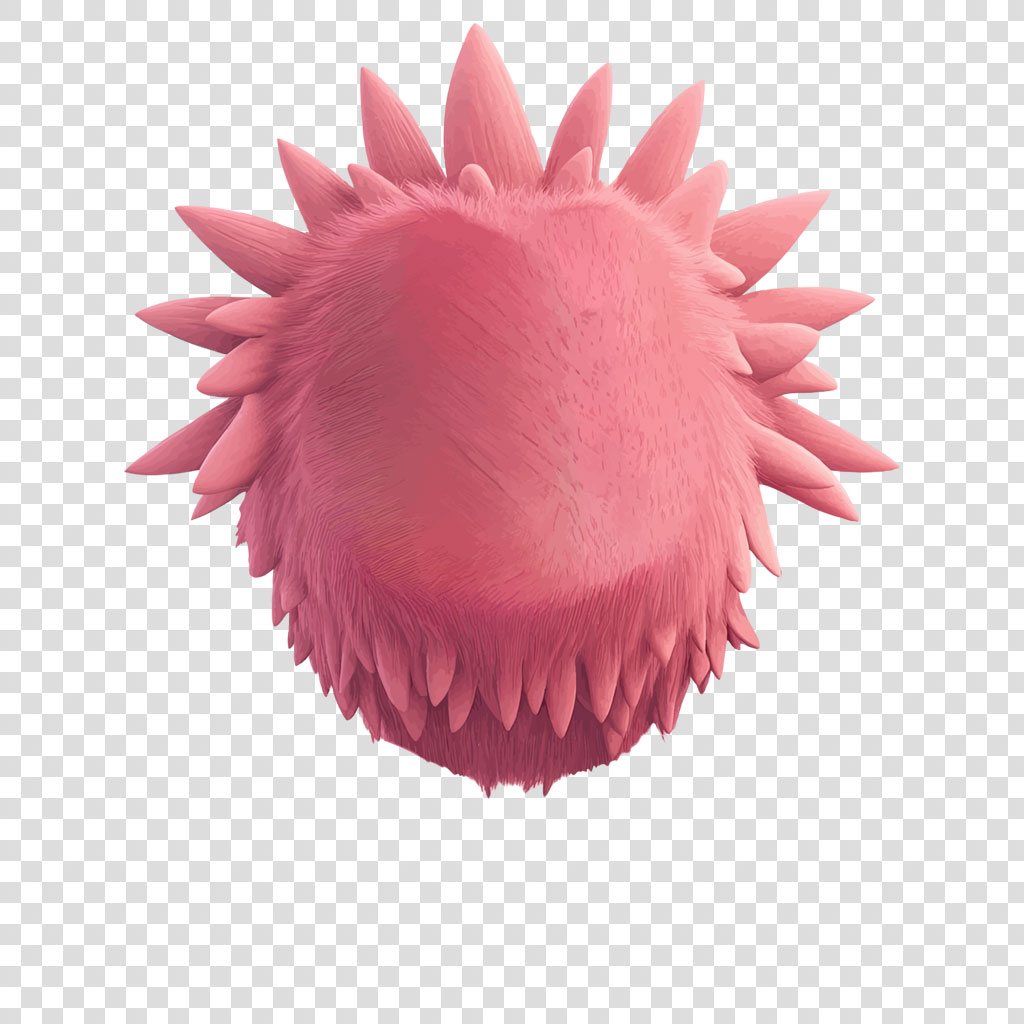 A pink spiky ball with a fuzzy texture and pointed protrusions on a white background.