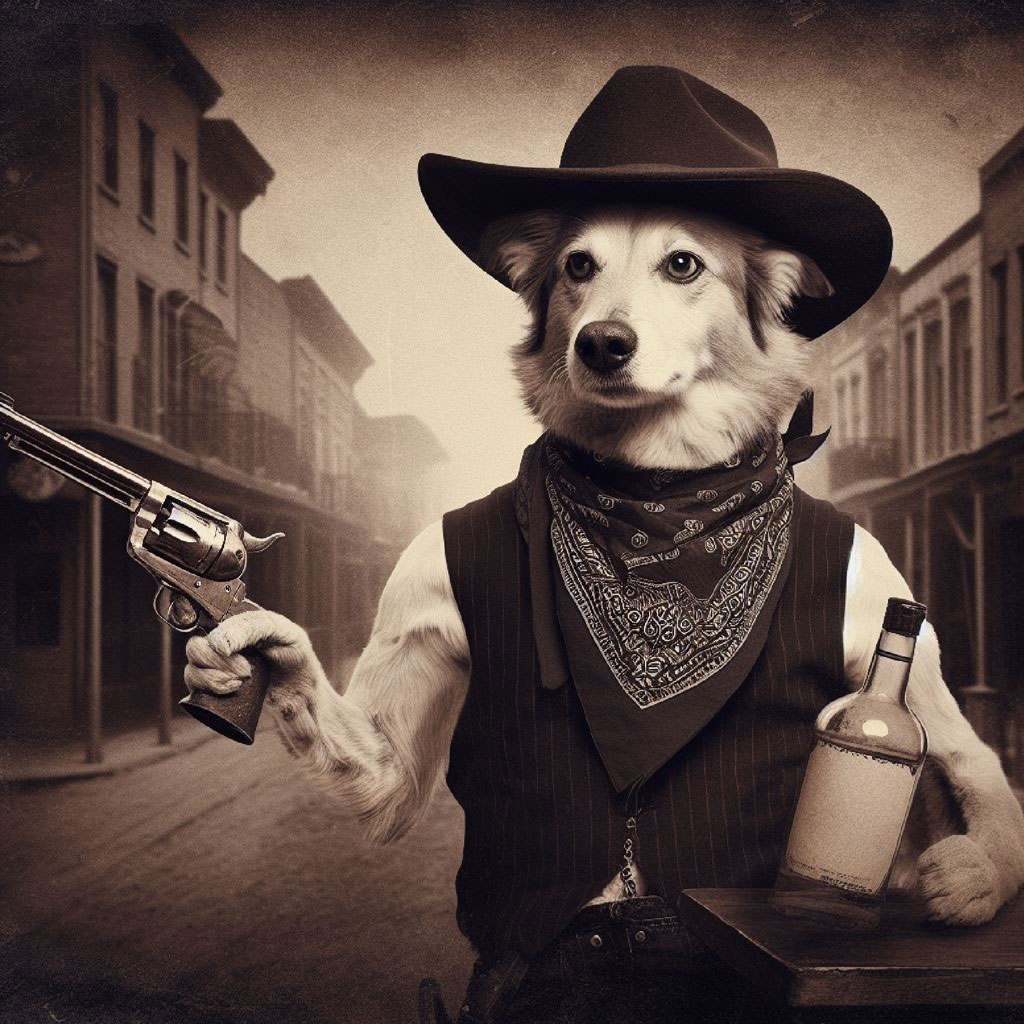 A dog in a cowboy outfit holding a revolver and a bottle.