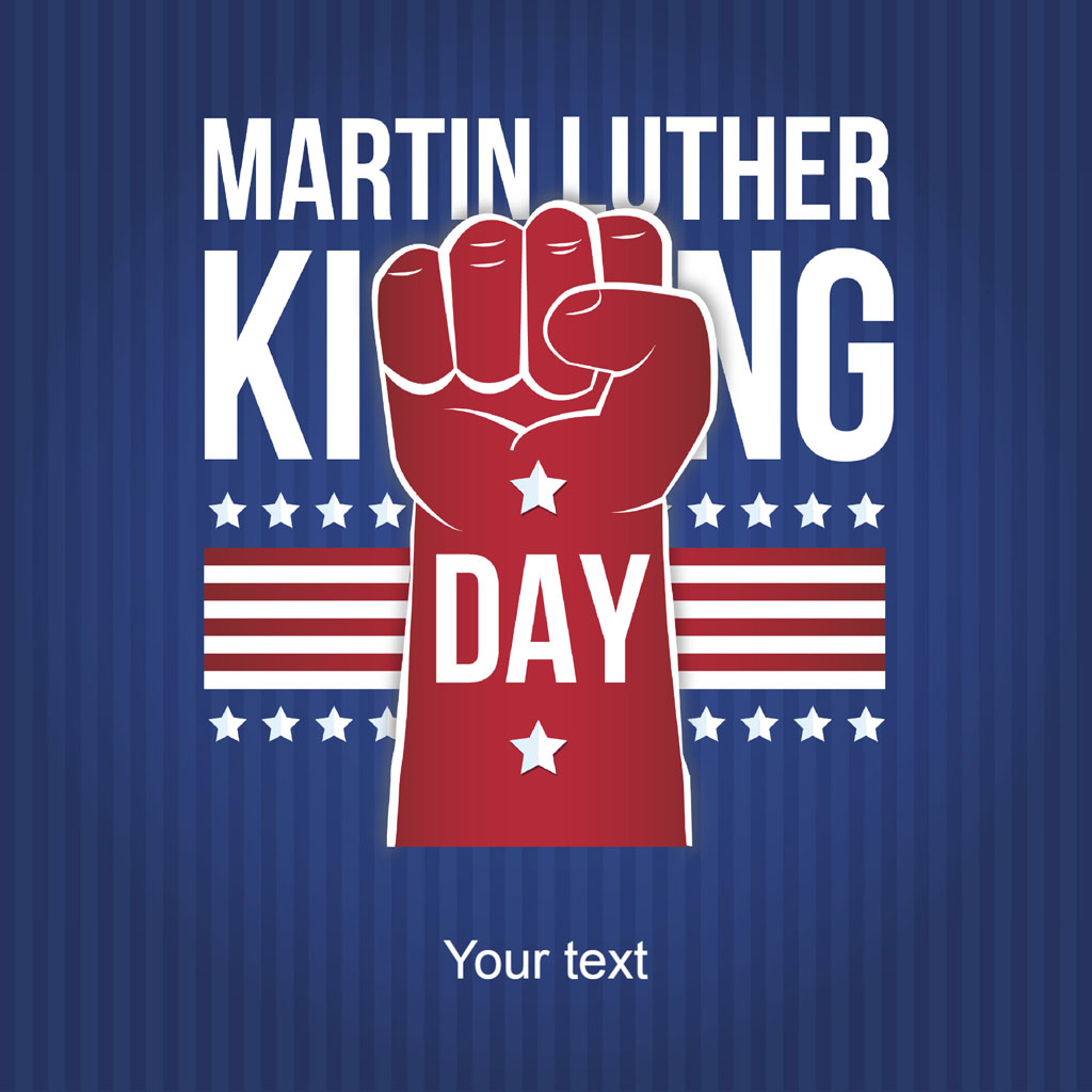 Martin Luther King Day poster with raised fist and American flag