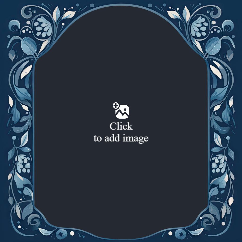 Family of five smiling together in an autumnal backdrop with a blue floral border