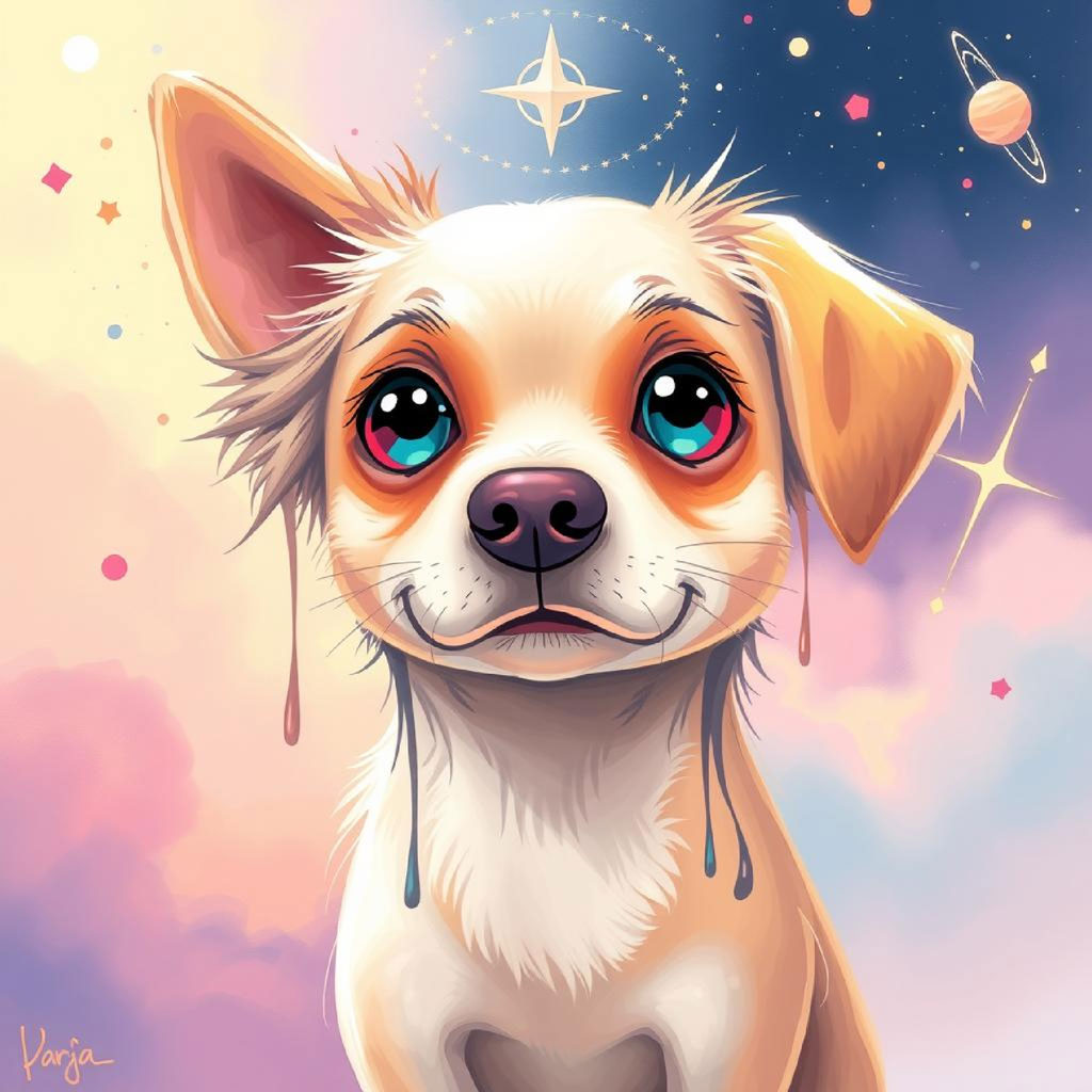 Illustration of a girl with blue hair and big eyes surrounded by flowers and a bird.