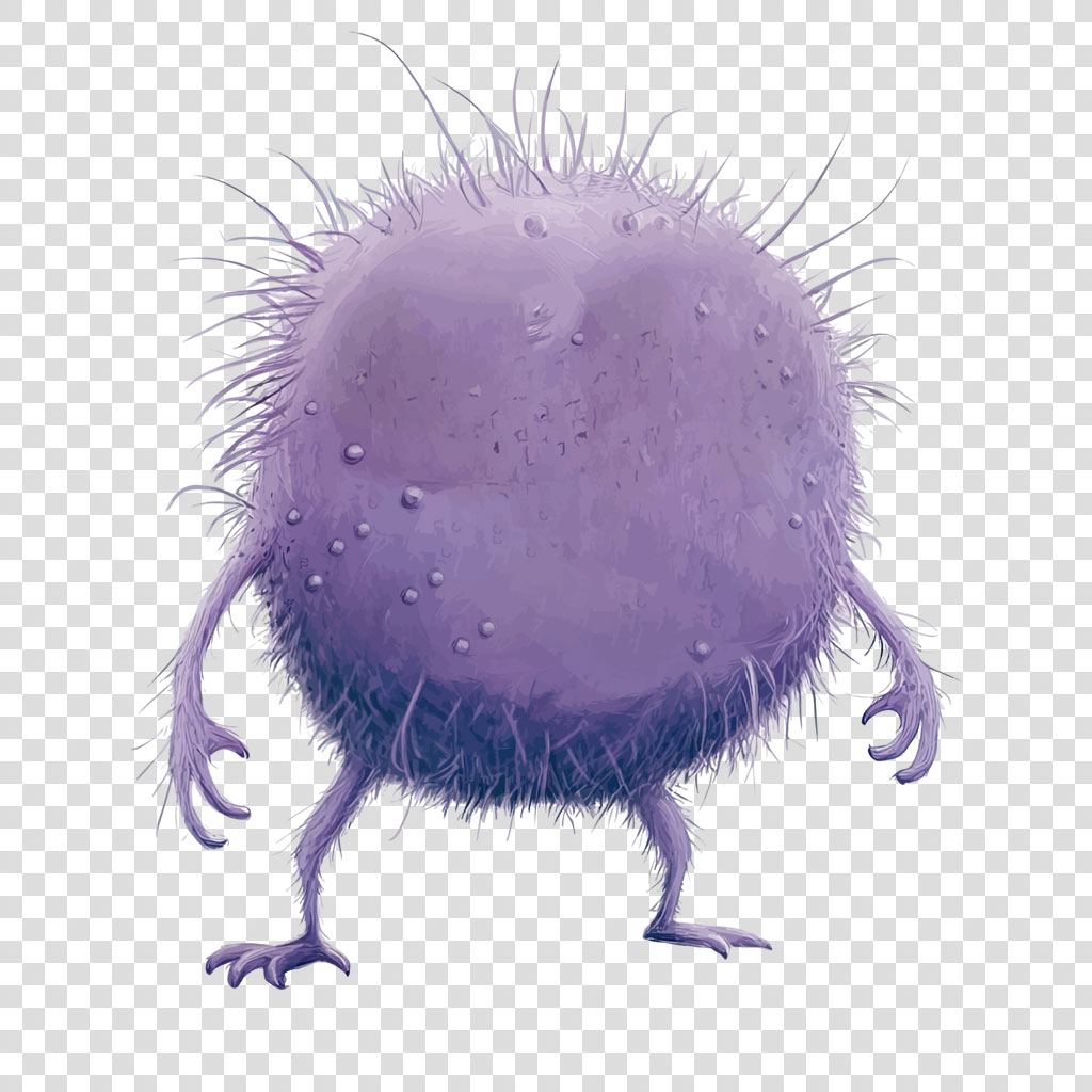 Purple microorganism with hair-like protrusions and three legs on a white background.