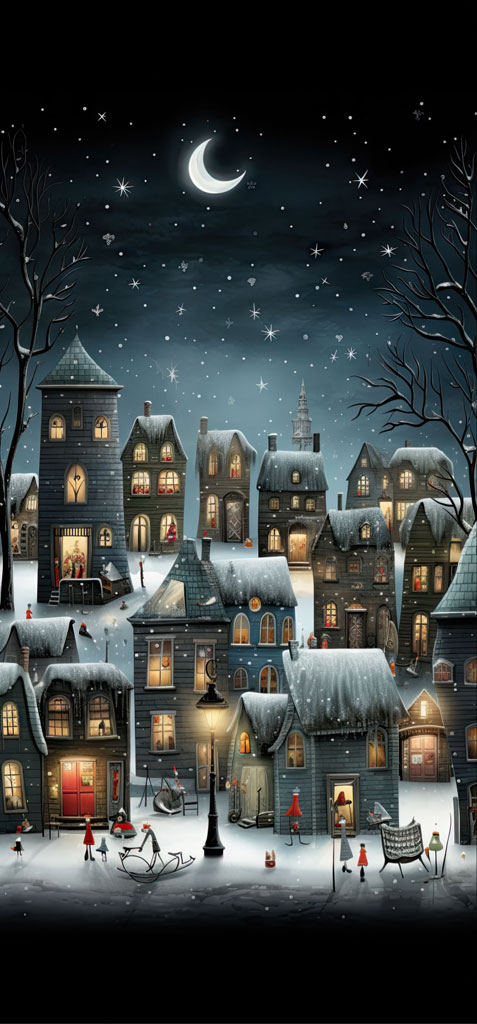 Illustration of a snowy town at night with people and houses