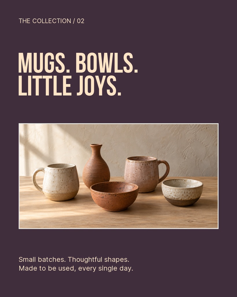 Portrait poster with pottery mugs, bowls, and vase on a wooden table with bold text.