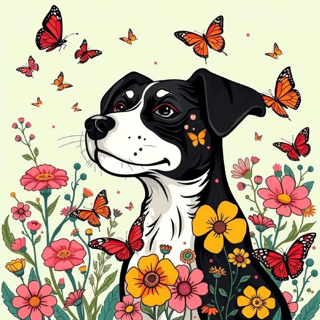 Illustration of a woman with long black hair and flowers, surrounded by colorful butterflies and vibrant flowers