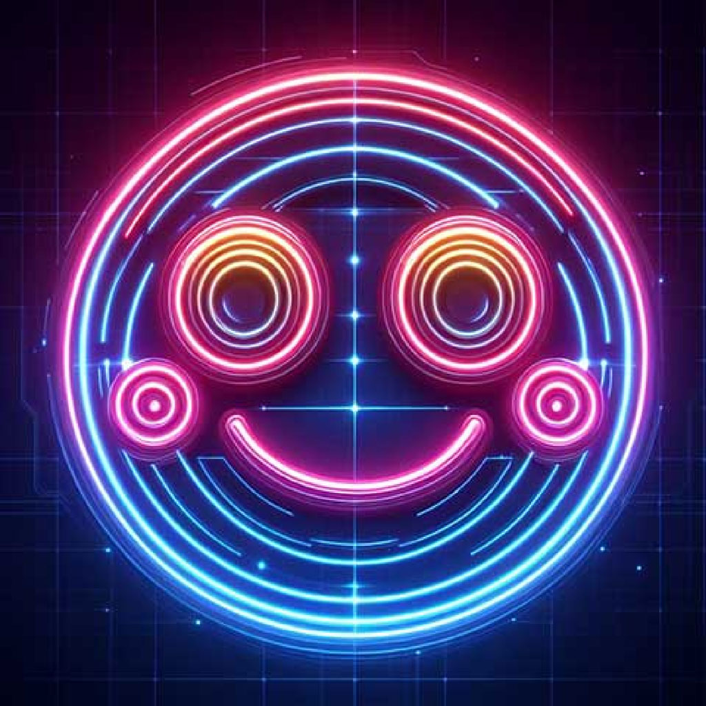 Neon smiley face icon on a dark blue grid background