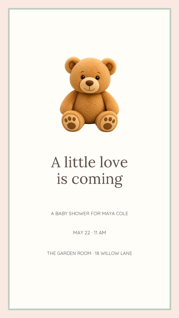 Teddy bear above the words A little love is coming on a soft baby shower invitation layout
