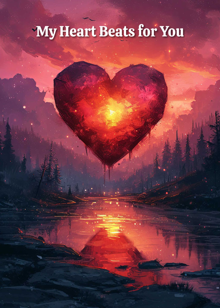 Glowing heart floating above a lake at sunset