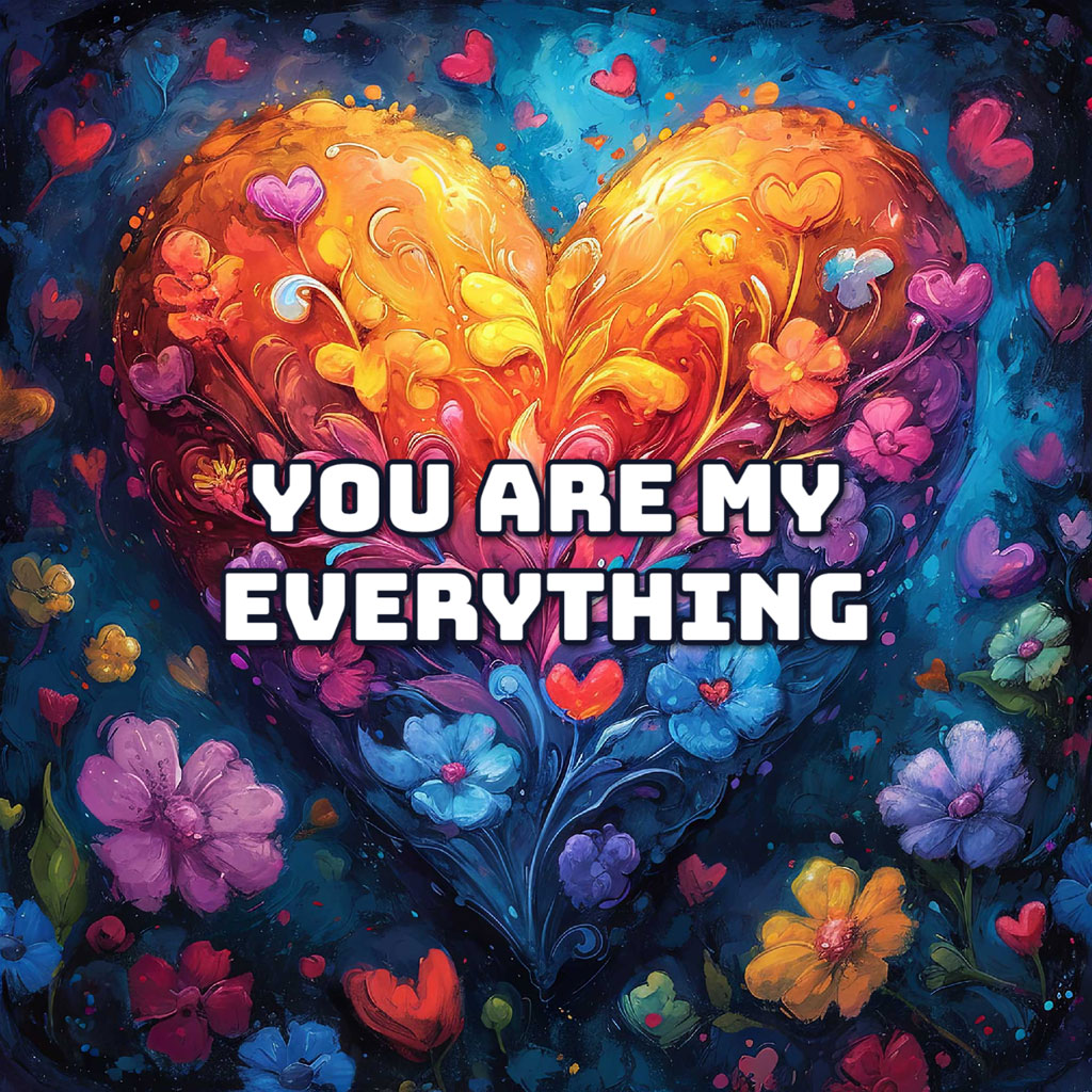 Heart-shaped artwork with YOU ARE MY EVERYTHING text, surrounded by flowers and hearts