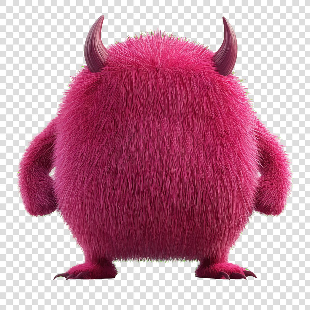 A cartoon-style pink monster with two horns and a furry body