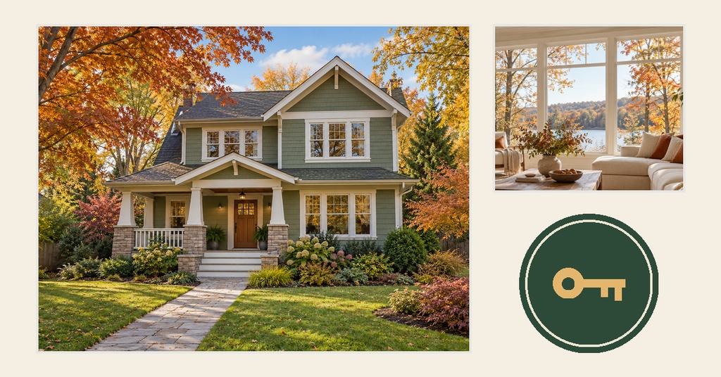 House exterior with autumn trees, bright living room view, and a gold key icon on a green circle.