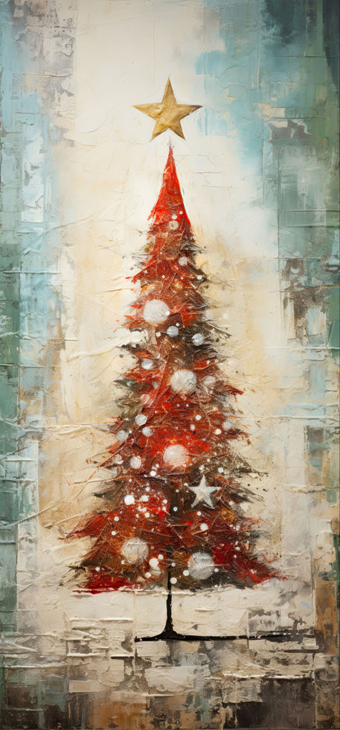 Abstract Christmas tree with red and white ornaments and golden star on textured background