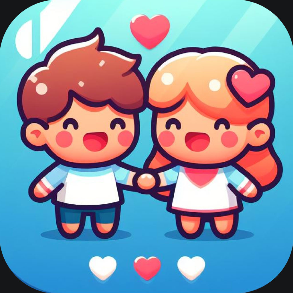 Cartoon boy and girl holding hands with hearts