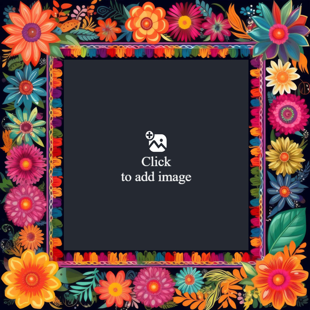A colorful floral frame with a black center.