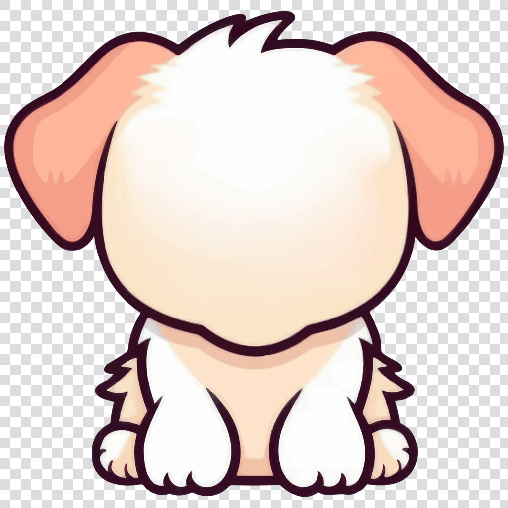 Cartoon puppy with white and beige fur sitting with back to viewer